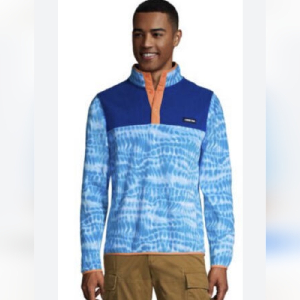 LANDS END Men's Blue Tie-Dye Snap Pullover‎ Fleece Multicolor Size Large Cozy